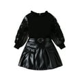 thumbnail image 2 of Aojekbee Kids Girl Fall Outfits Flower Embroidery Mesh Long Sleeve Tops and PU Leather Mini Skirts 2Pcs Clothes Set, 2 of 10