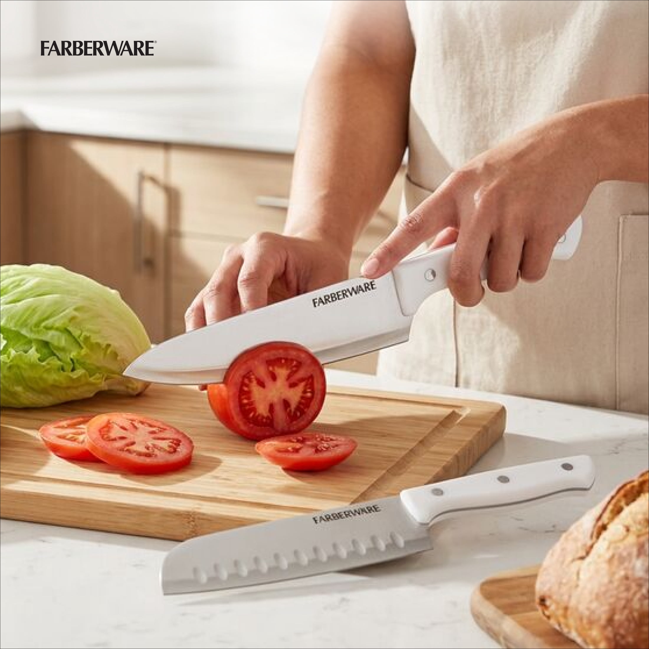 Farberware 20-Piece Triple Riveted Cutlery Knife Block Set with Kitchen Shears, White
