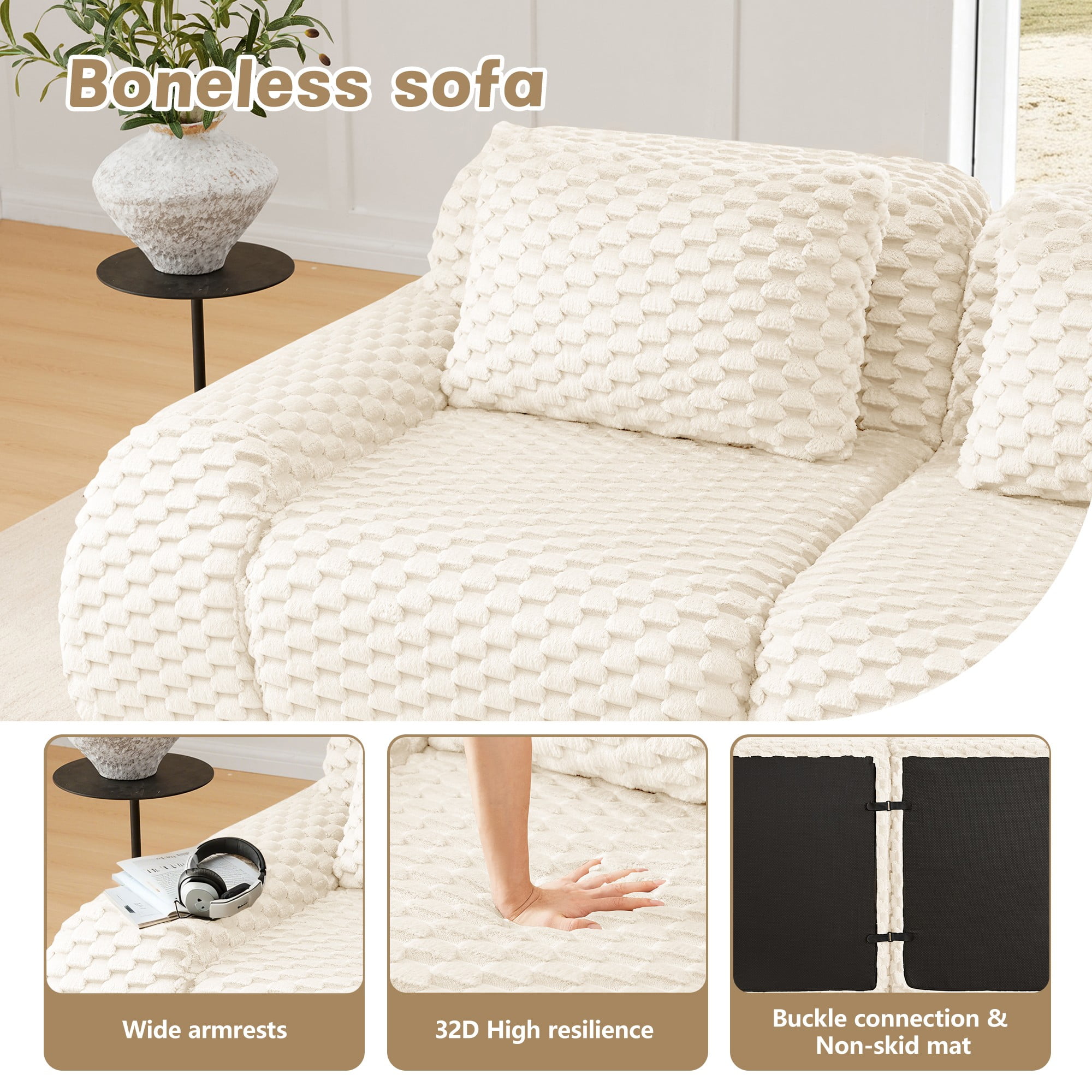 Aukfa 146" U-Shaped Modular Cloud Sectional Sofa, Oversized Deep-Seat 6-Seater Couch with 2 Ottomans, Flannelette Upholstered Boneless Sofa, White