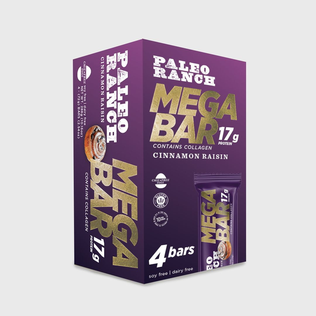 PALEO RANCH Cinnamon Raisin MEGA BAR, 4 Protein Bars, 2.54 oz Each