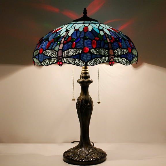 Tiffany Style Bedside Table Lamp Blue Stained Glass Shade Metal Base 24" Tall Large Desk Light Living Room Kids Bedroom Bar Antique Traditional Boho Memory Lamp Sympathy  LED Bulb Better