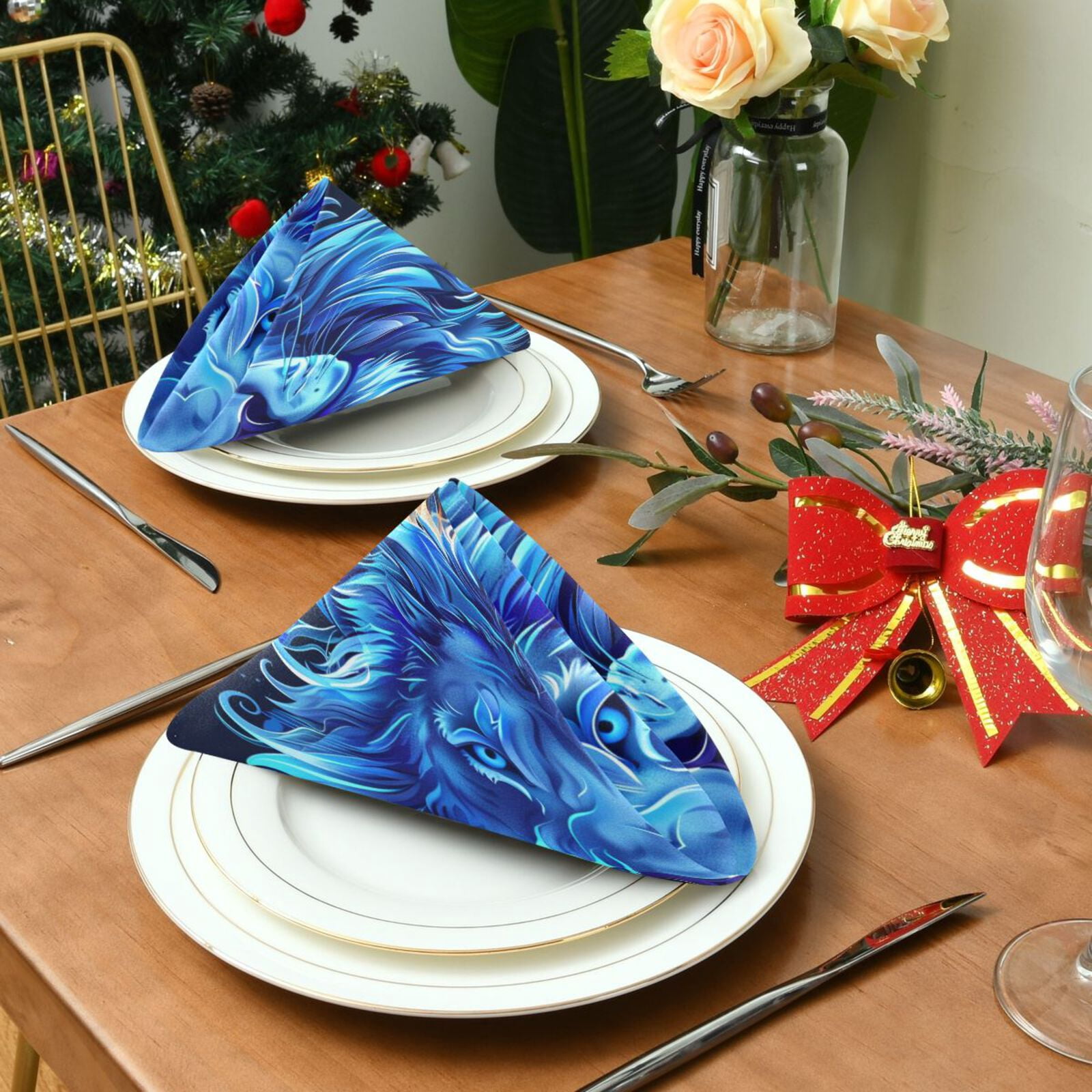 JSTEL Ice Lion Portrait Cloth Napkins Set of 6, 20x20 Inch Washable and Reusable Napkin for Decoupage Dinner Party Everyday Use