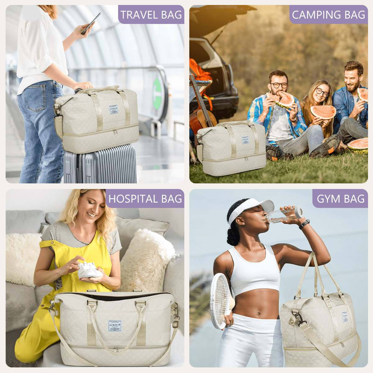 Weekender Bags for Women, Travel Duffel Bags with Shoe Compartment, Personal Item Travel Bag Weekender Overnight Bag Set Hospital Bags with Wet Pocket and Toiletry Bag for Labor and Delivery - White