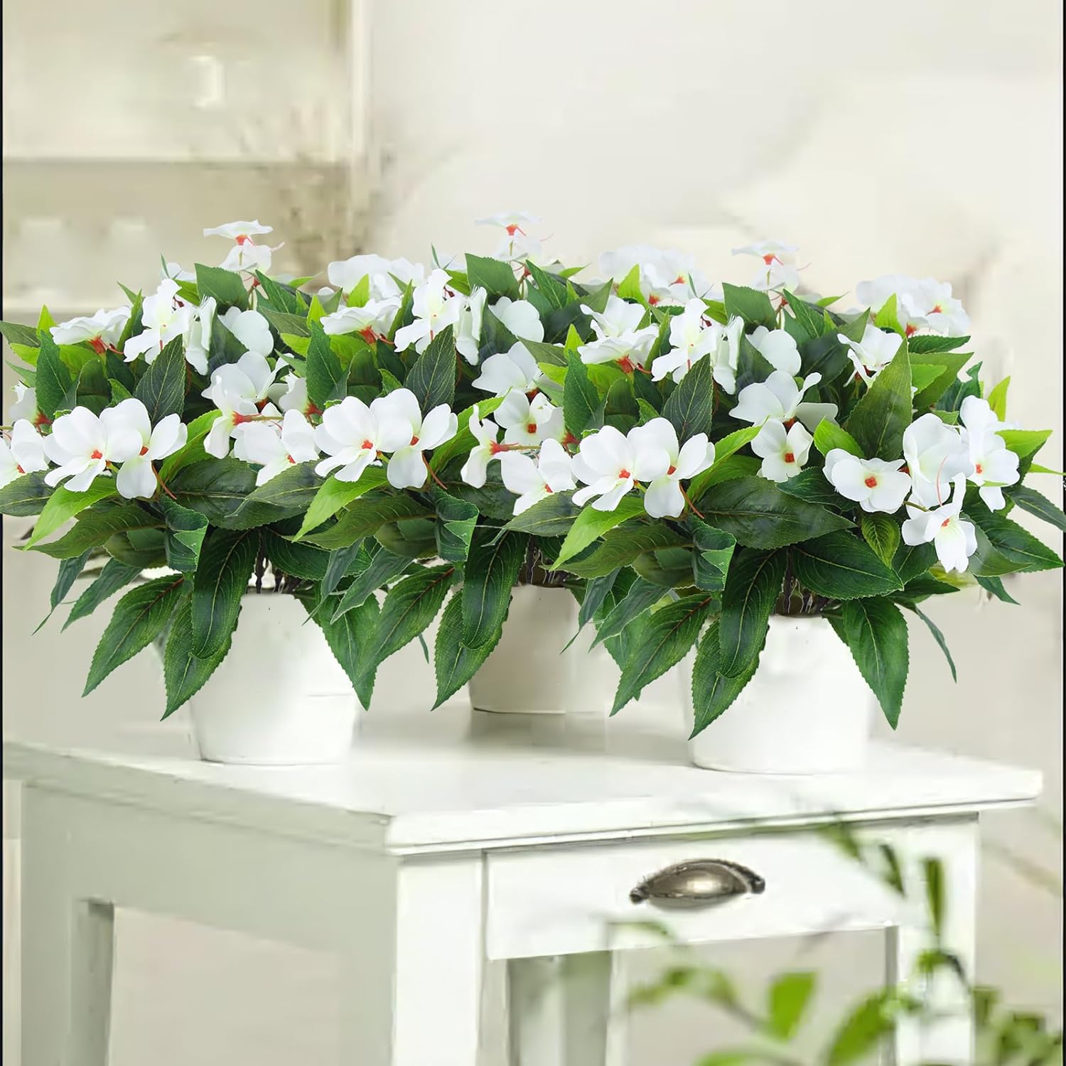 2 Pcs Artificial Impatiens Flowers for Outdoors Faux Bushes White Silk Greenery Bouquet Patio Lawn Garden Pot Hanging Basket Porch Decoration