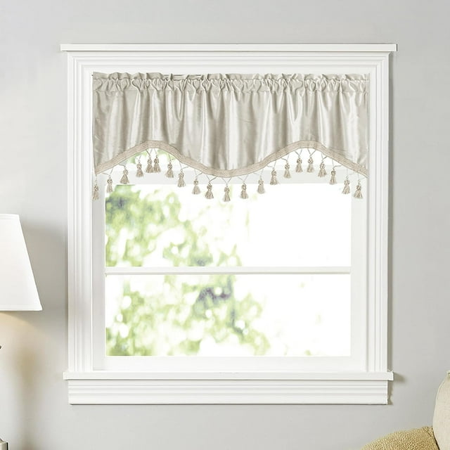 Nvzi Cenefas de cortina de terciopelo suave de lujo para sala de estar, baño, cafetería, lavandería, sótano, bolsillo para barra, borlas, cortinas cortas festoneadas para ventana (crema, 52" x 18")