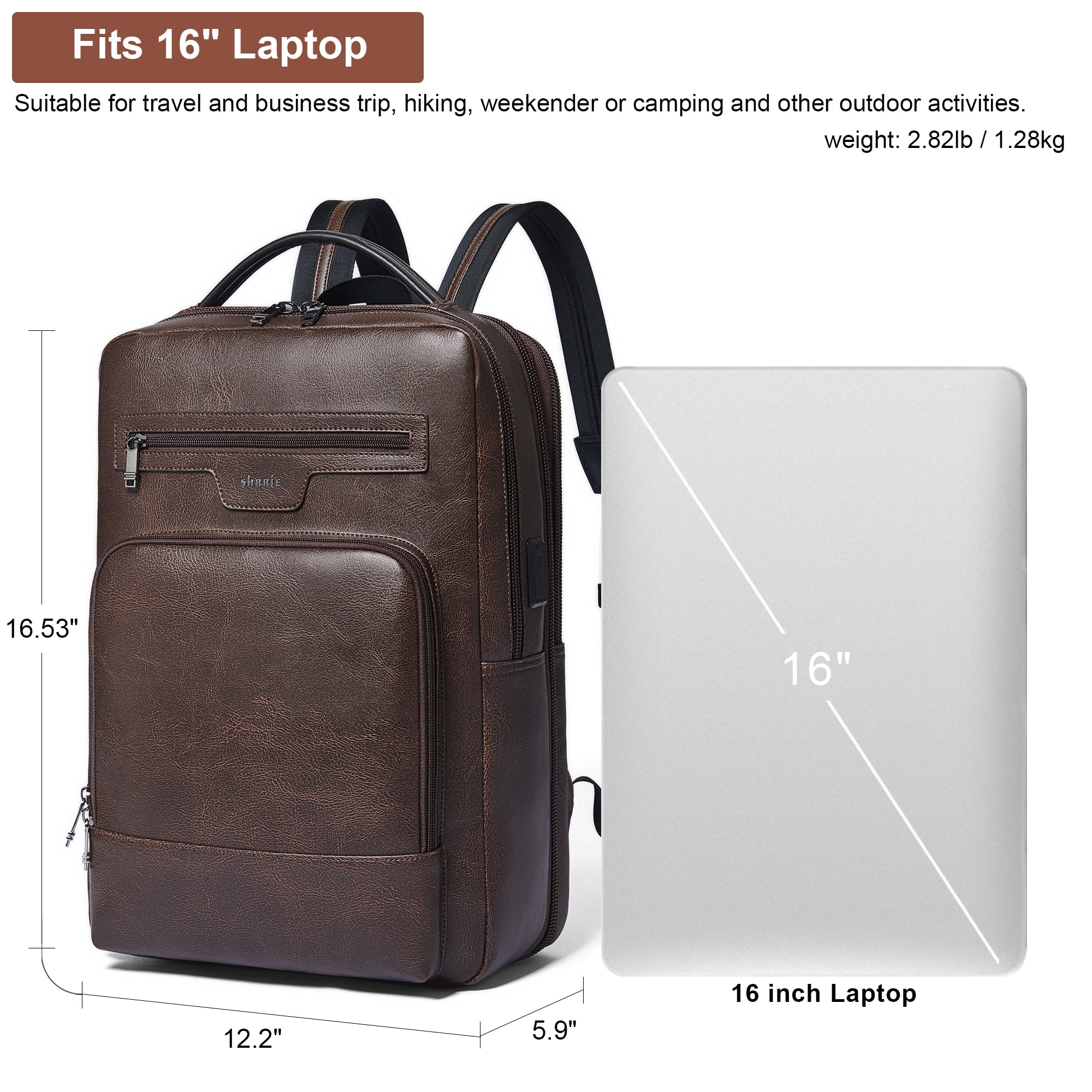 Shrrie Leather Laptop Backpack for Women and Men,28 L Travel Backpack Computer Bag Fits 16 inch Laptop,Expandable Casual Daypack with USB Charging Port for Work Business Weekender College