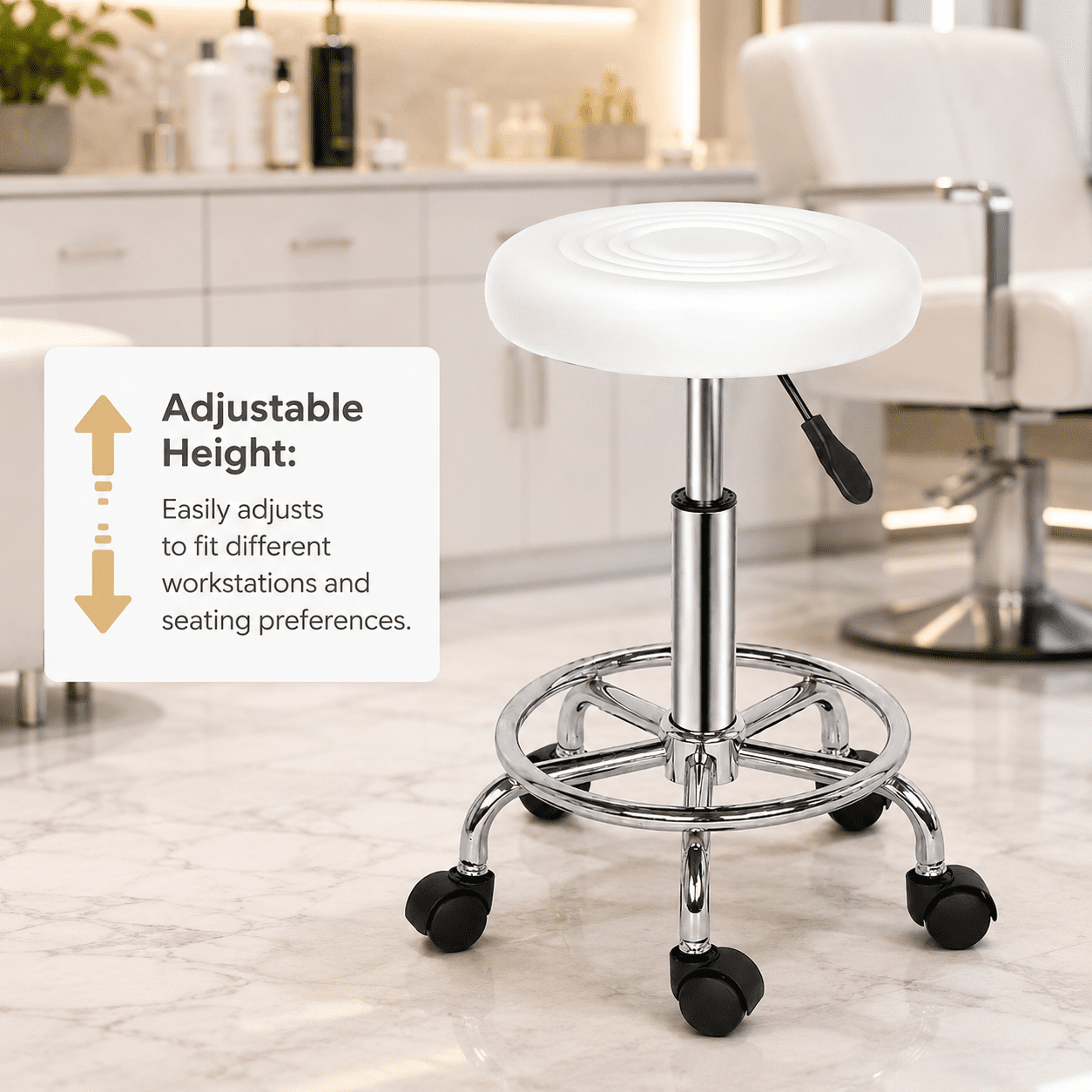 Alvantor Rolling Stool, White PU Leather Round Seat with Height Adjustment