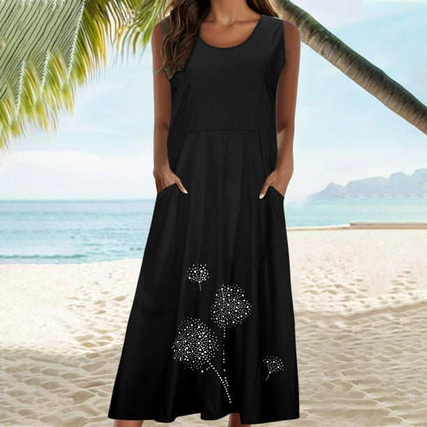 clearance beach dresses Summer Maxi Dress, Women's Linen Dress Sleeveless Loose Casual Long Dress with Pockets Flowy Dress item size:L truefit:root:spicy-maxi-dress-black Kim Kardashian's Sparkly Mini Length 38 in a