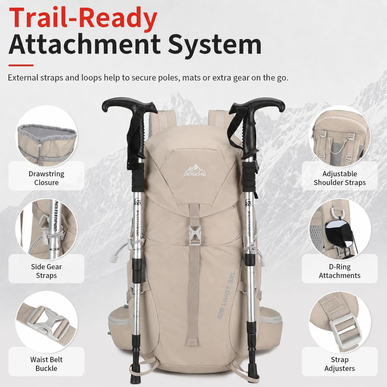 JIDIZHE 32L Hiking Backpack with Internal Frame and Rain Cover, Lightweight Pack Equipped with Adjustable Chest Strap, Breathable Unisex Daypack for Hiking, Camping and Travel，Gray