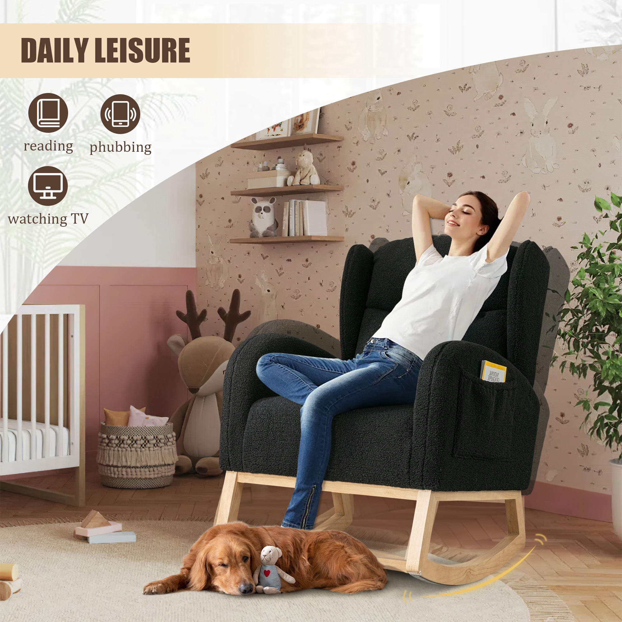 FFH Rocking Chair, Nursery Rocker with Side Pocket, Teddy Black