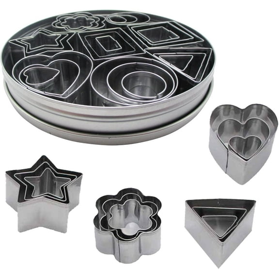 Stainless Steel Mini Cookie Cutter Set (24 Pieces) – Geometric Biscuit Molds & Stamps Including Round, Star, Triangle, Heart, Flower, Square, Rectangle, and Oval Shapes
