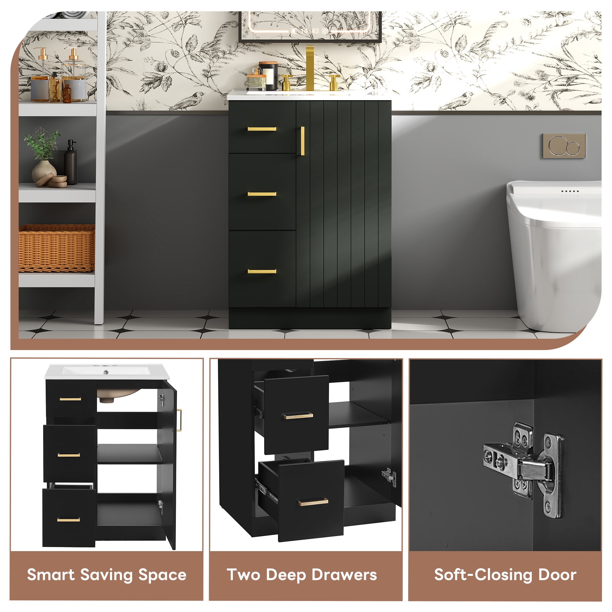 Euroco 24" Modern Bathroom Vanity with Sink, Small Bathroom Sink Cabinet with 2 Drawers and Soft-Closing Door, Under-mount Sink Bathroom Cabinet with Drawers