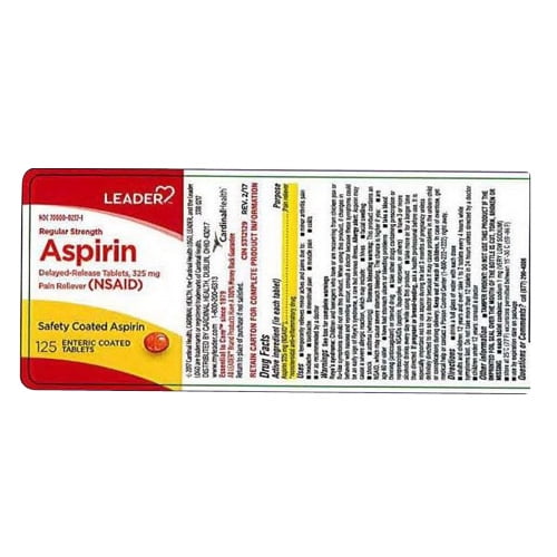 Leader Regular Strength Aspirin 325mg Enteric Coated Tablets, 125 Ea