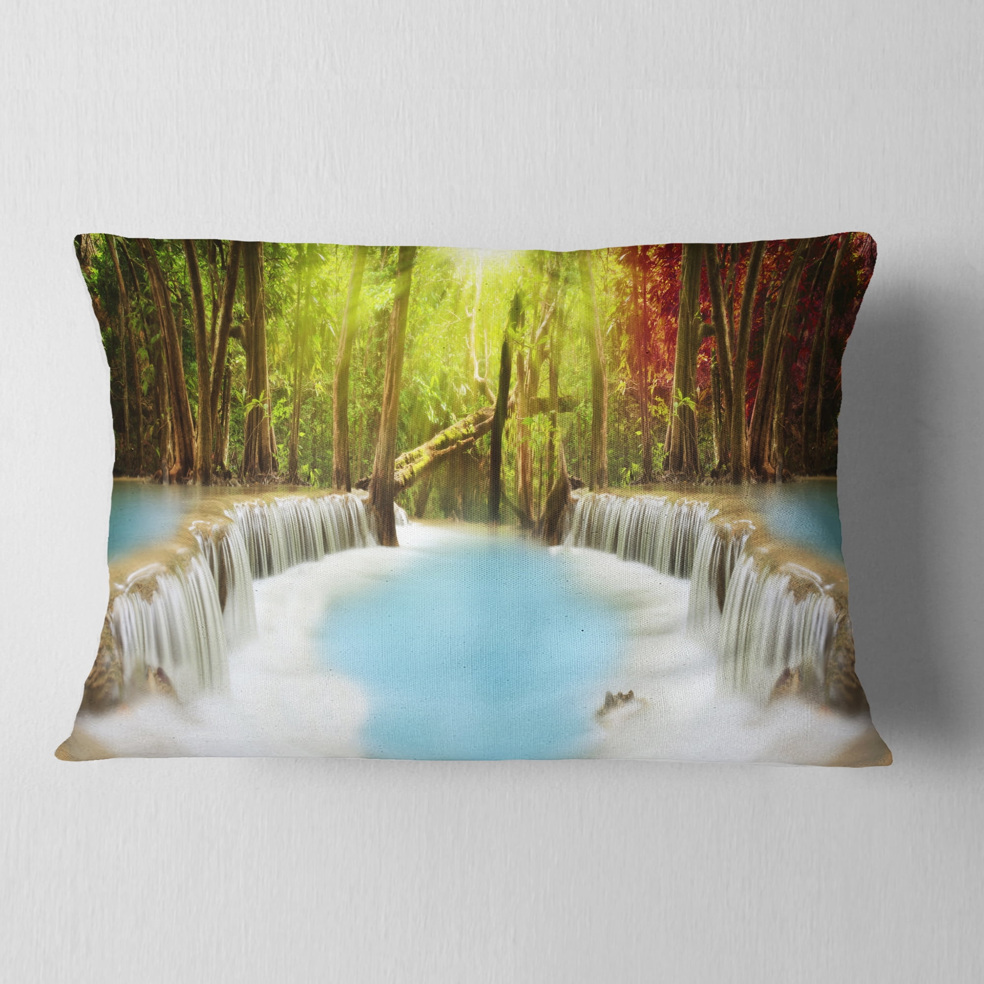 Designart Huai Mae Kamin Waterfall - Photography Throw Pillow - 12x20