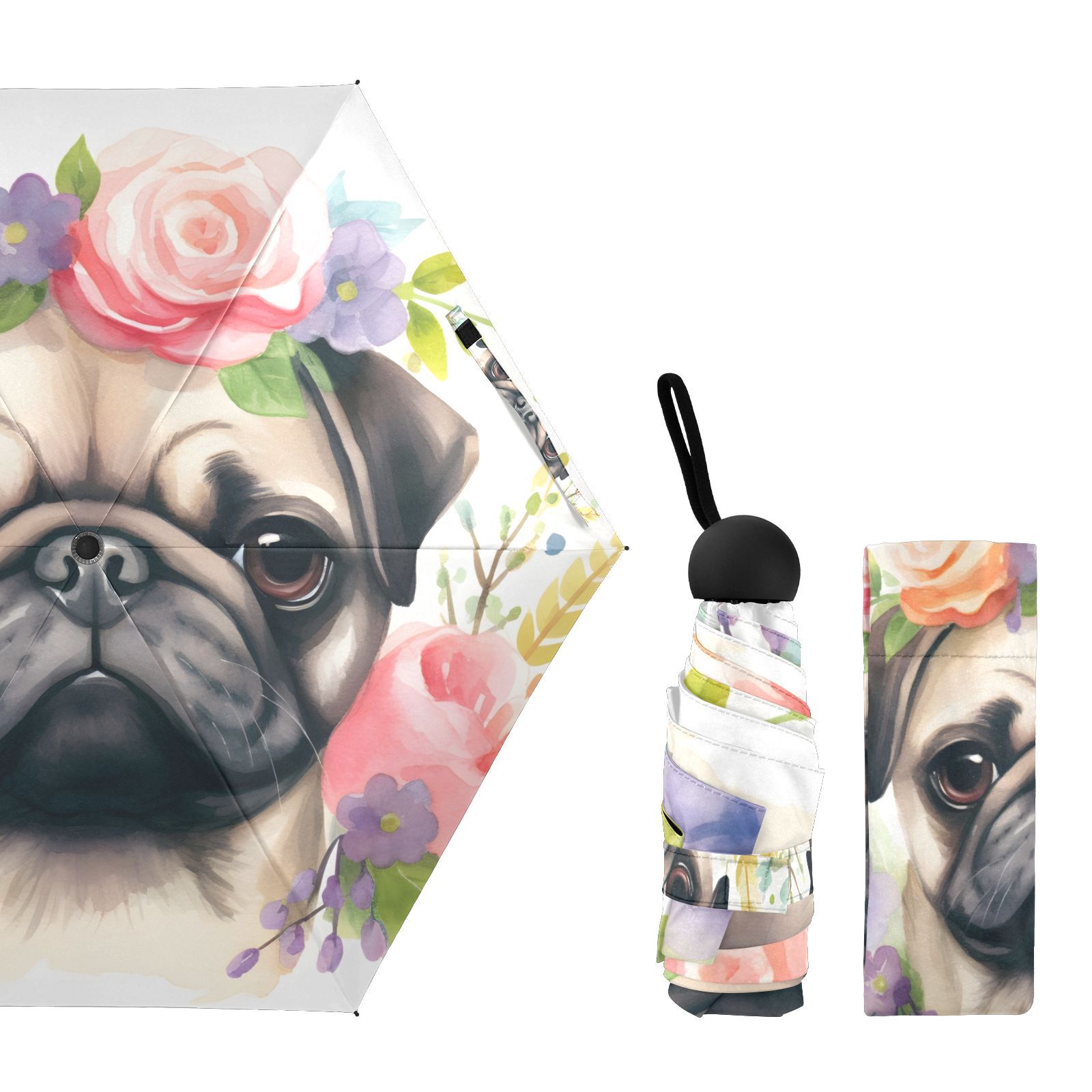 JSTEL Pug Dog Puppy Folding Umbrella for Rain Sun Travel Mini Lightweight Compact Umbrellas