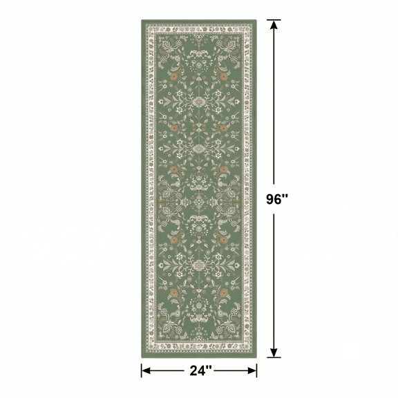 Runner Rug 2' x 8' Green Floral, Non-Slip Washable Hallway Carpet with Tpr Backing, Perfect for Kitchen, Entryway & Bedside
