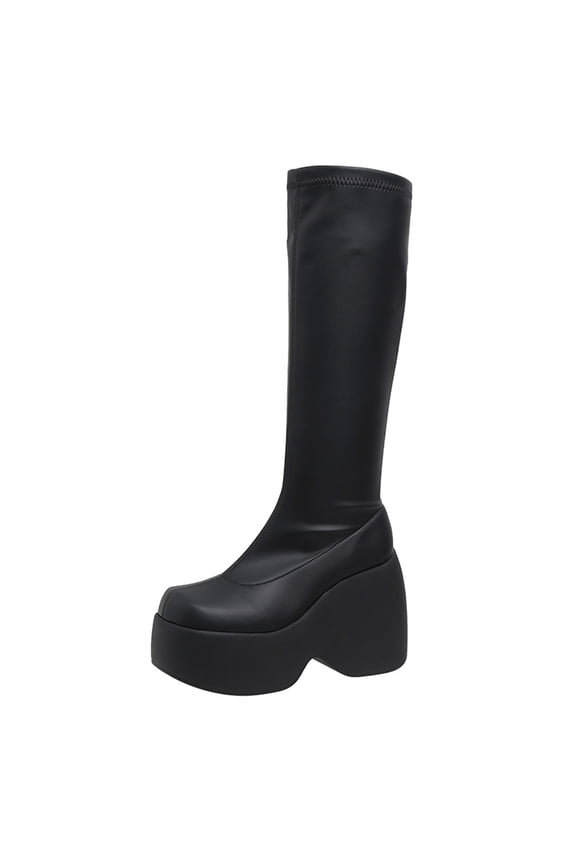 Knee High Boots for Women Gogo Boots 70s Boots,Leather Pointed Toe Chunky Knee High Platform Dress Boots, Fashion Long Chunky Tall Gogo Boots for Fall
