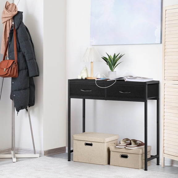Black Console Table with 2 Fabric Drawers & Charging Station, Industrial Entryway Table with Power Outlets for Hallway, Living Room