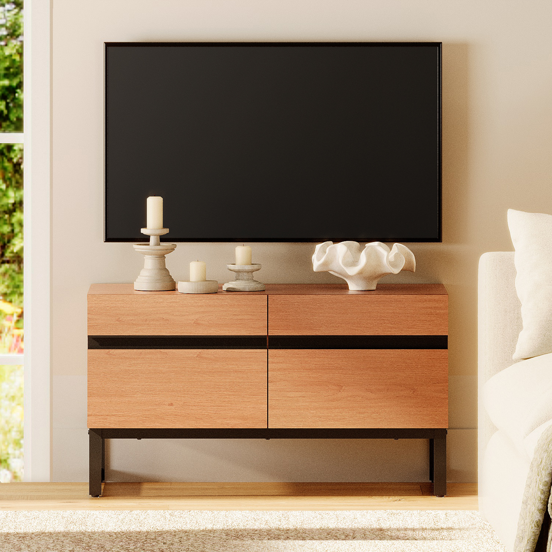 Modern TV Stand for TVs up to 50 inch, Entertainment Center TV Console with Storage Cabinets and Metal Base,Media Console for Living Room