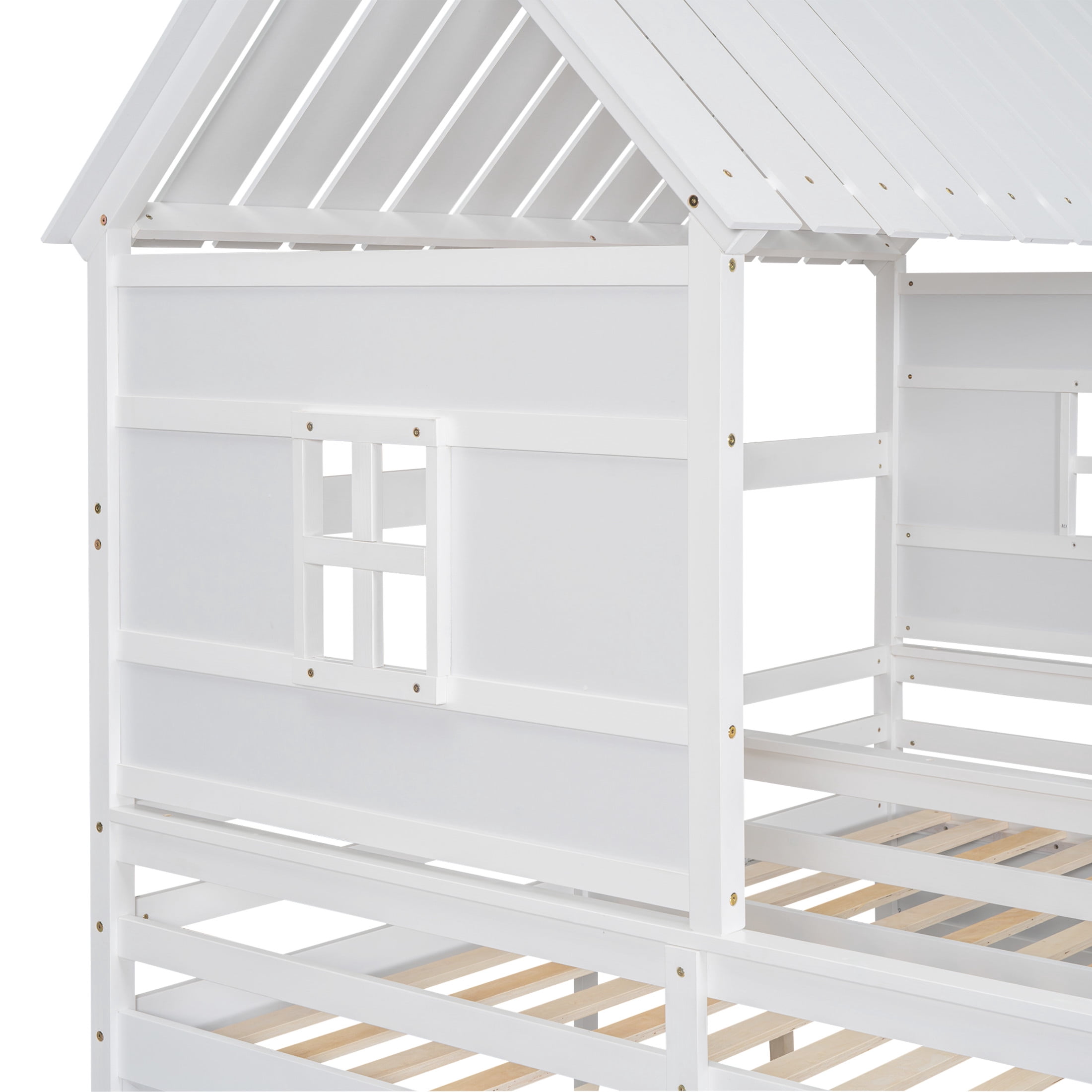 Noble House Junton Dual Twin Size House Platform Bed for Shared Rooms, 2 Side-by-Side Beds with Drawers, White