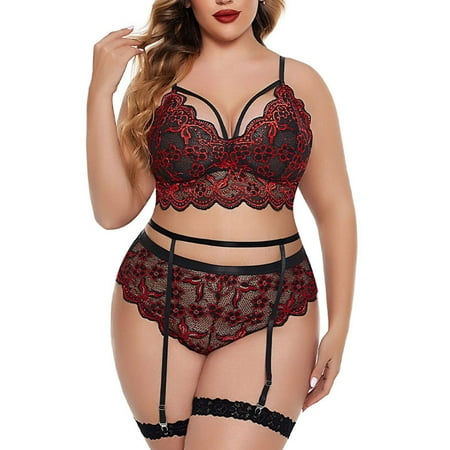 

Capreze Ladies Lingerie Set 3 Pieces Bodysuit Plus Size Mash Teddy Babydoll With Garter Belt Women Oversized Deep V Neck Sexy Lace Floral Wine Red XL