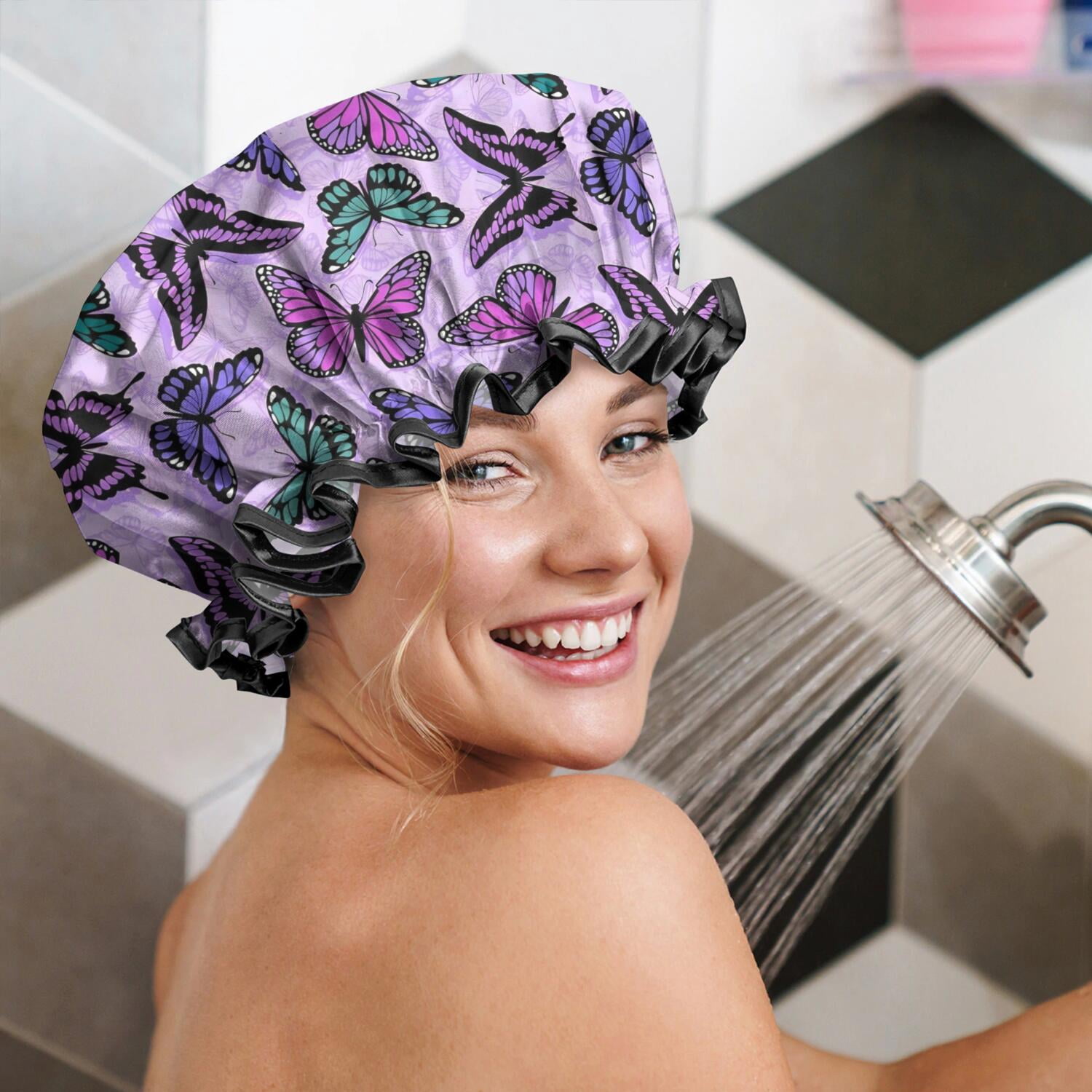 Shower Caps,Purple Butterfly Pattern Waterproof Shower Cap for Women 4 Pieces,Double Reusable Hair Cover for Shower PEVA Elastic Stretch Hem