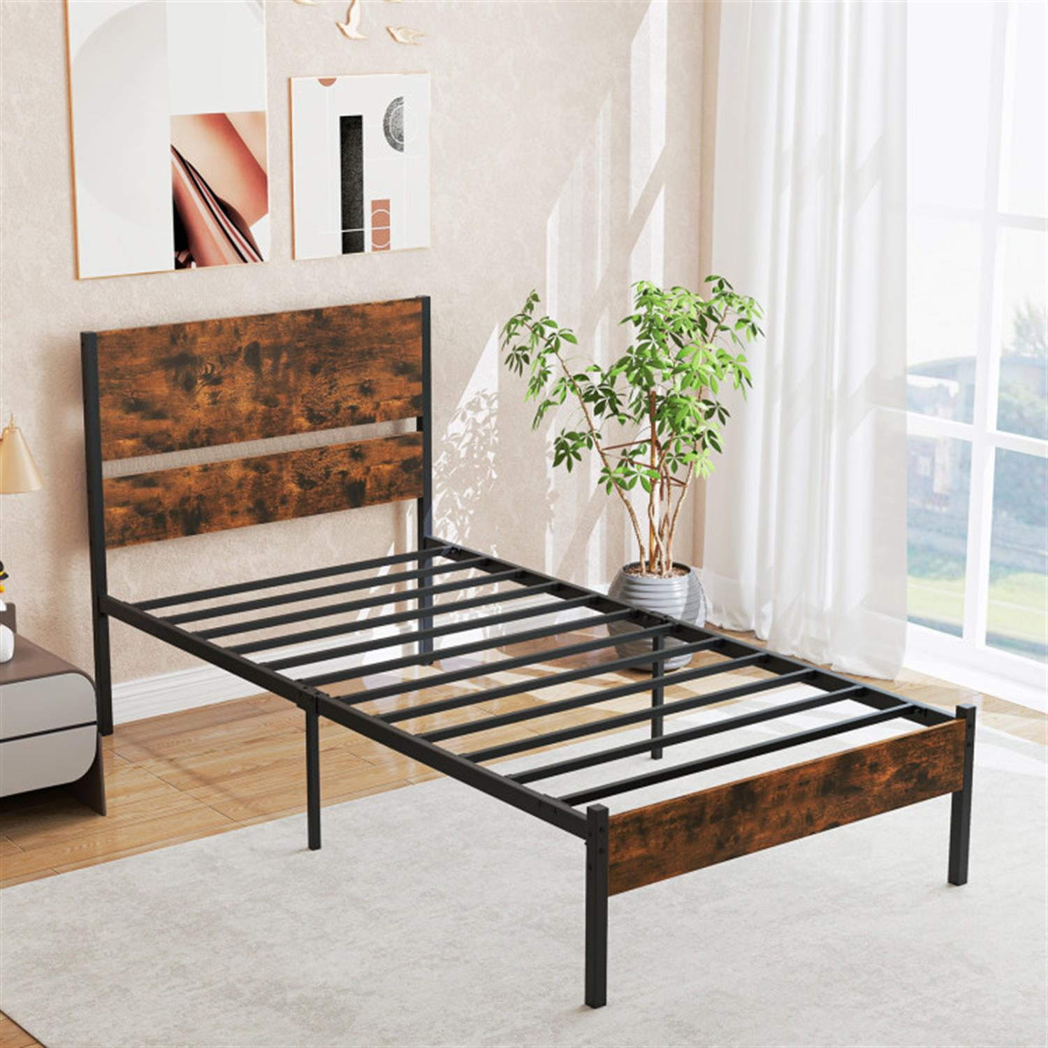 Demi Bonn Twin Size Bed Frame with Wooden Headboard and Footboard, Modern Metal Platform Bed Frame with Under Bed Storage, No Box Spring Needed, Brown