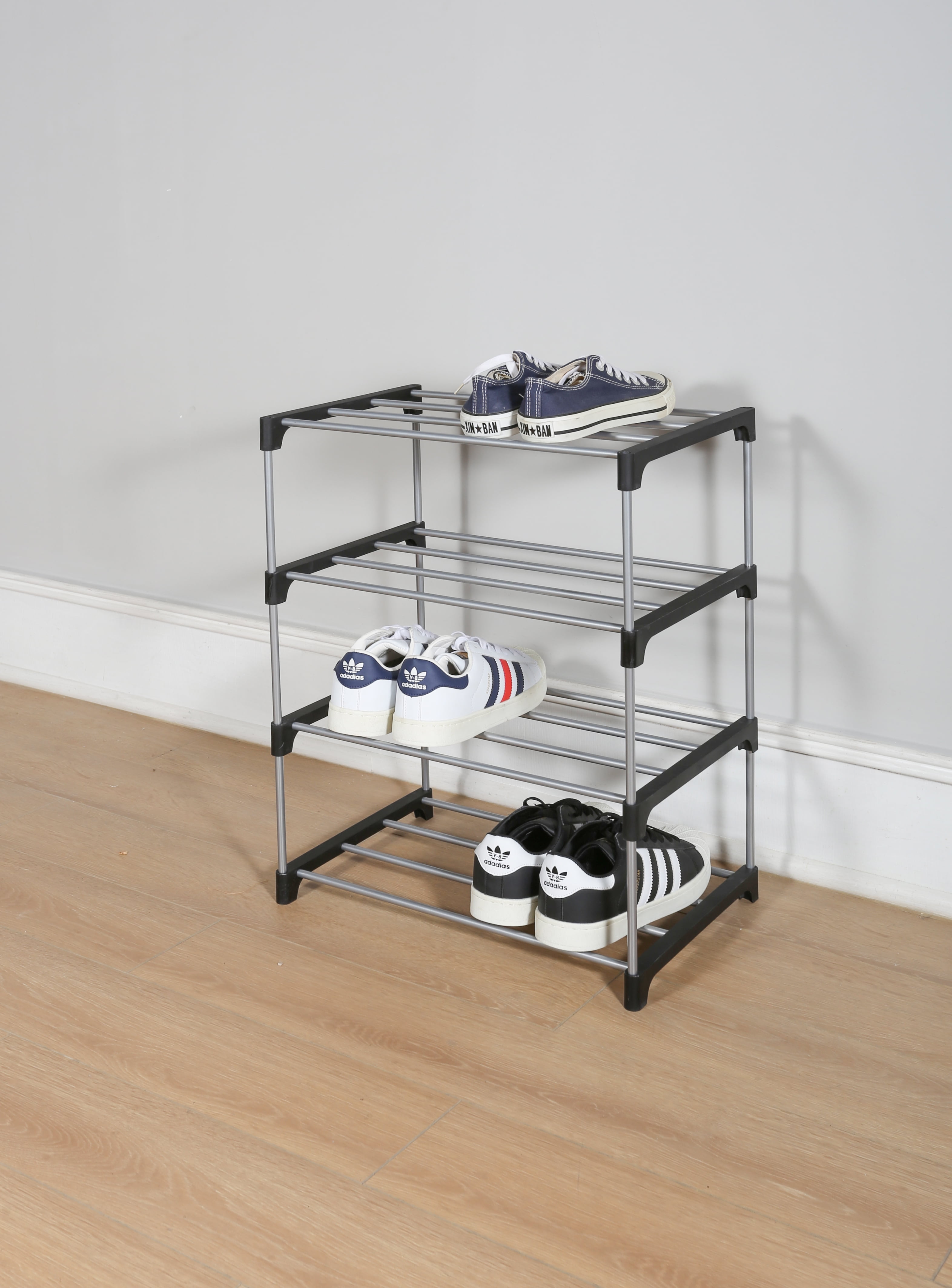Mainstays 4 Tier Shoe Rack, Black and Silver, 8 Pairs of Shoes, Metal Tubes & Plastic Connectors