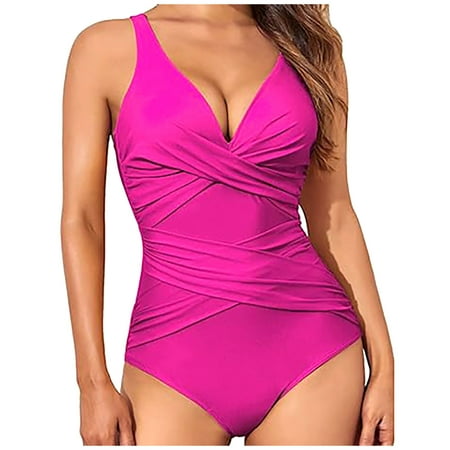 Bra Sized Swimwear for Women Tummy Swimsuits for Women Slim Fitting One-Piece Bathing Suit Retro Ruched Push up Vintage Padded Swimwear with Adjustable Strap Holiday Beach Wear M