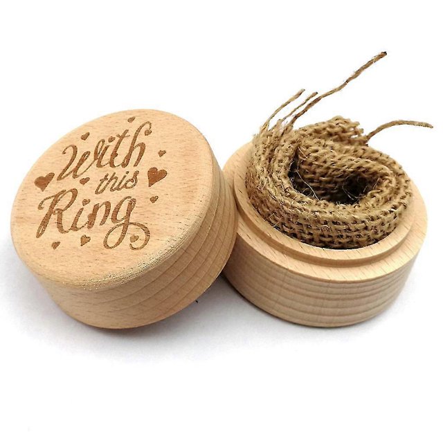 Caja de madera rústica para anillos de boda, grabada, redonda, para guardar anillos de compromiso y exhibir en ceremonias de propuesta.