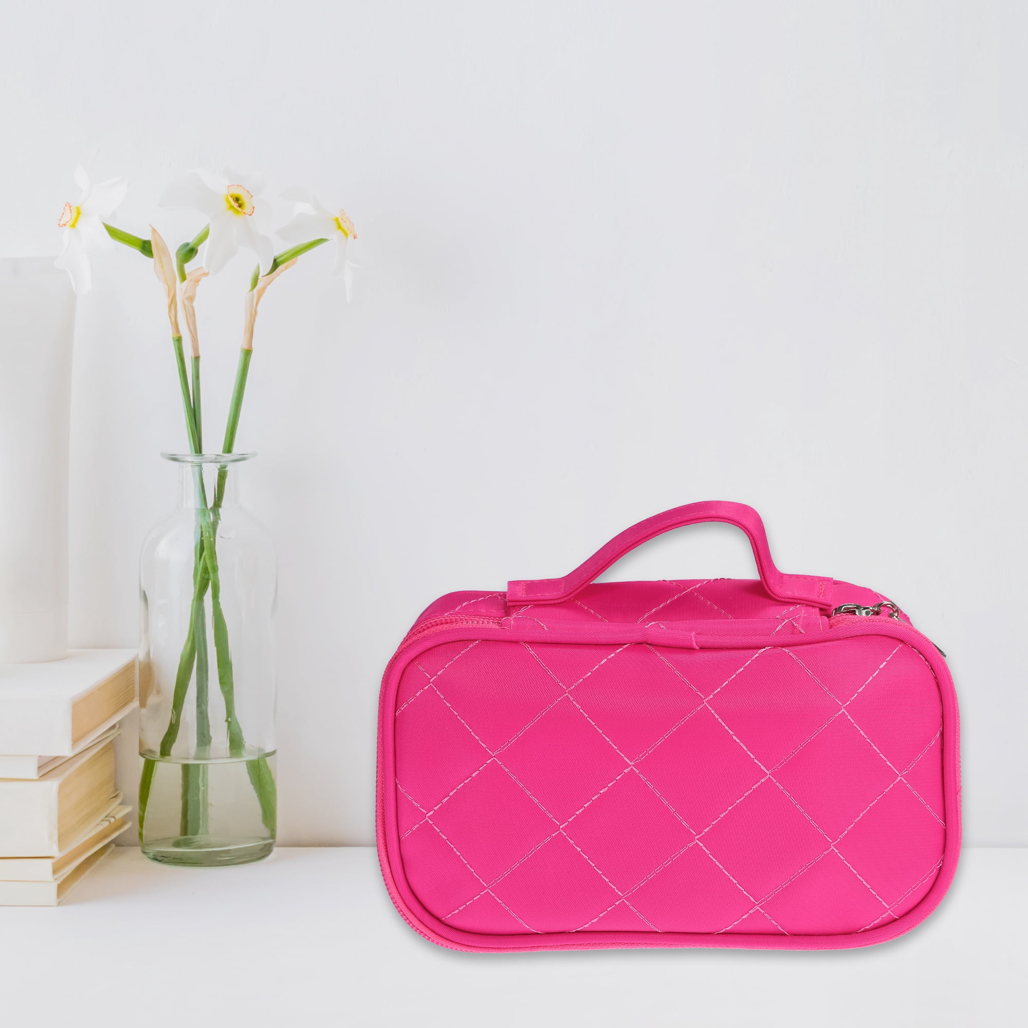 Unique Bargains Travel Double Layer Makeup Storage Bag for Cosmetic tools Rose Red