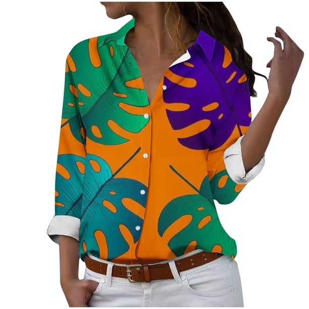 Camisas de Mujer Casual, Manga Larga Serie Naranja Impresa Botón de Solapa Hasta Blusa de Ajuste Regular Hecha de Poliéster para Todas las Estaciones, Botón de la Camisa de las Mujeres