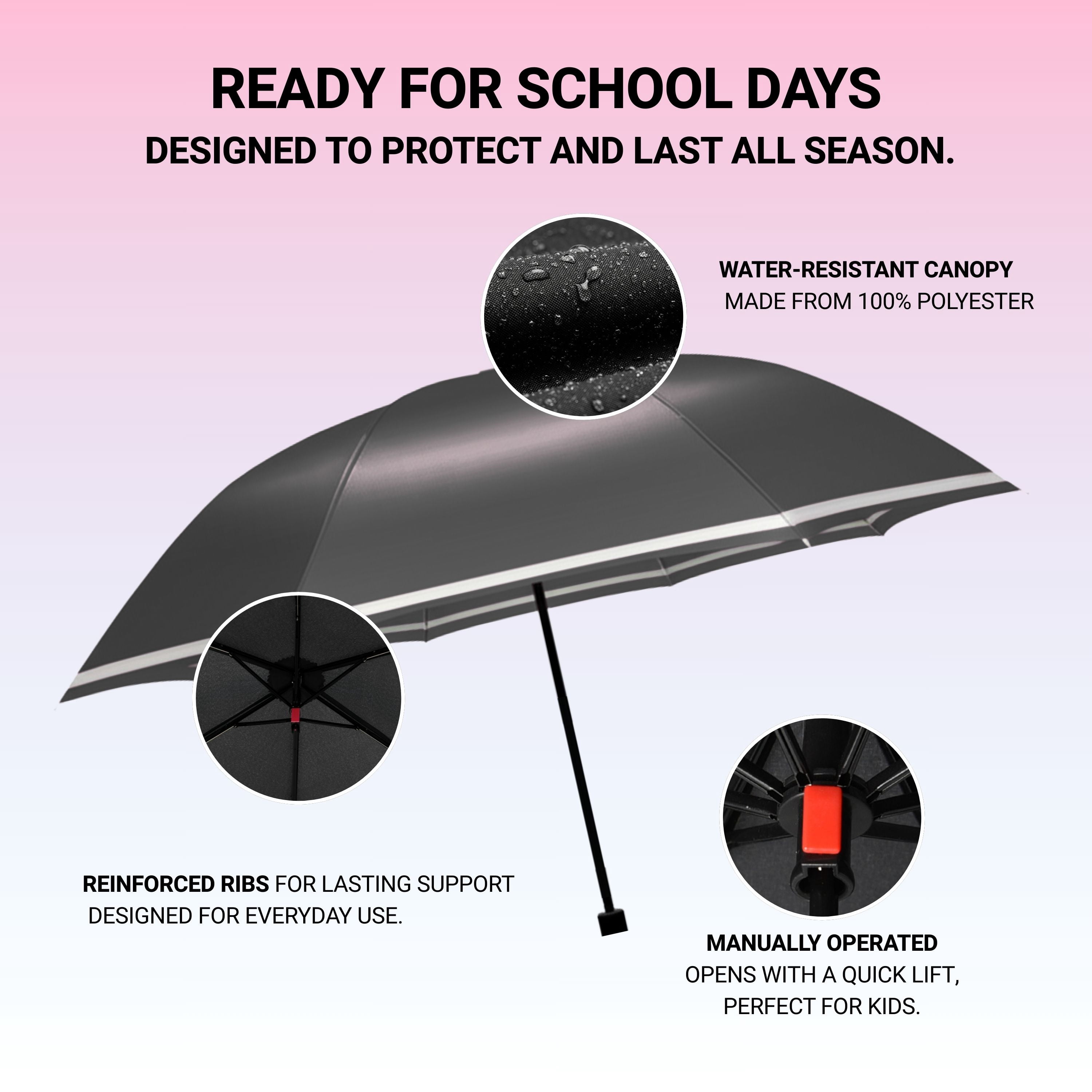 Knirps Black Rookie Manual Rain Umbrella for Elementary and Middle School Kids – 35.4" Canopy with Reflective Safety Stripe, Lightweight Design, Wind Tunnel Tested, Carrying Case Included