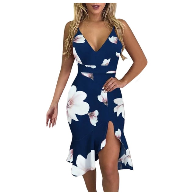 Robe d'Été Sans Manches à Col en V Imprimée Décontractée à Volants pour Femmes
