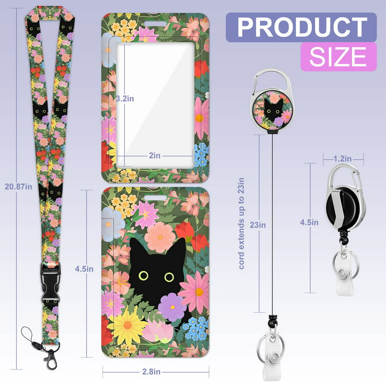 ID Badge Holder with Lanyard and Retractable Badge Reel Clip, Cute Black  Cat Flowers Floral Card Name Tag Lanyard Vertical ID Protector Bage Clips  for Nurse Nursing Doctor Teacher Student 