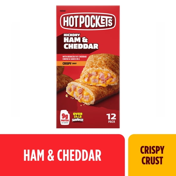 Hot Pockets Frozen Snacks Hickory Ham and Cheddar Cheese Crispy Crust Sandwich, 54 oz, 12 Pack (Frozen)