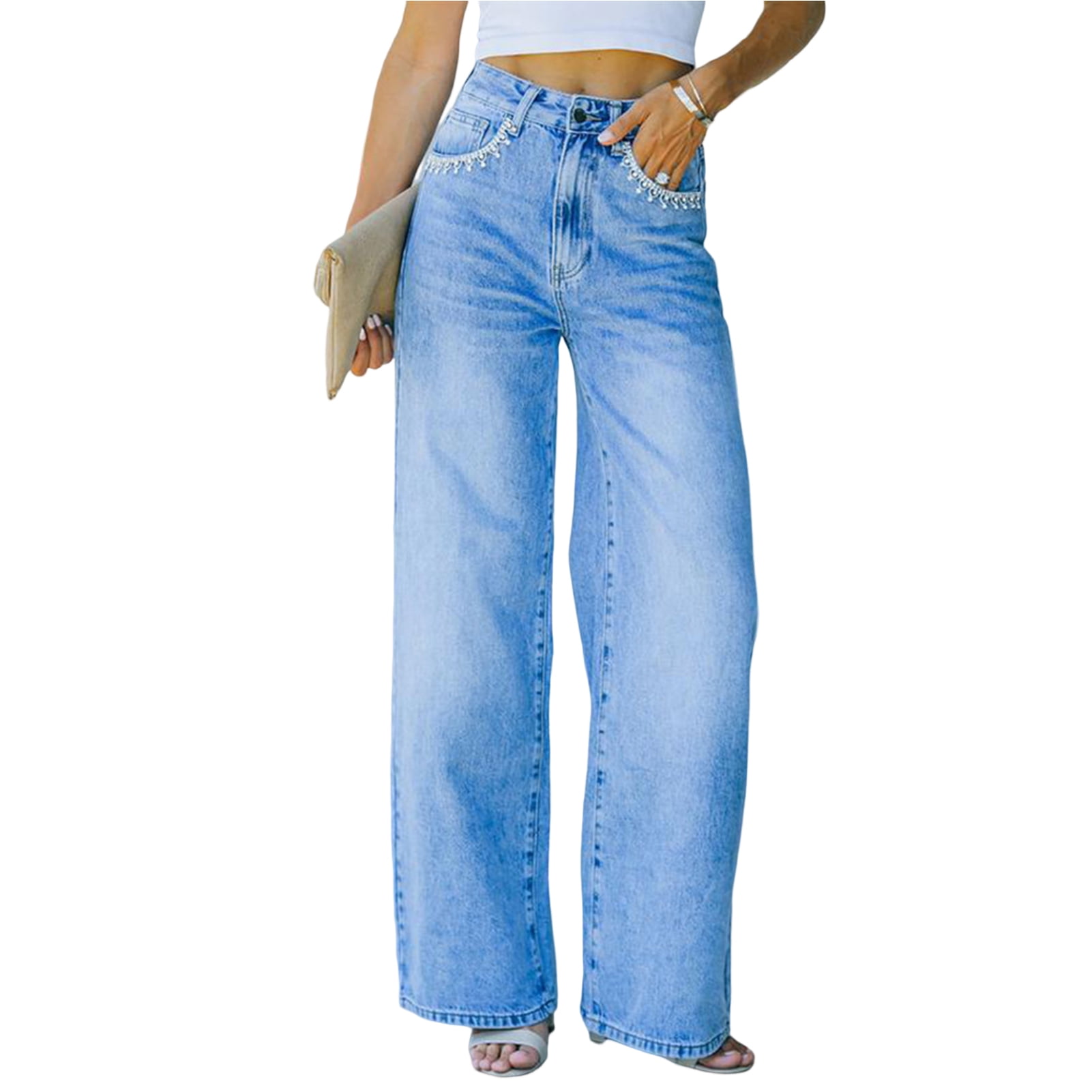 PERZOE Jeans Waist Petal Pockets Button Zipper Fly Women Jeans Straight Wide Leg Washed Casual Denim Pants Streetwear - Walmart.com