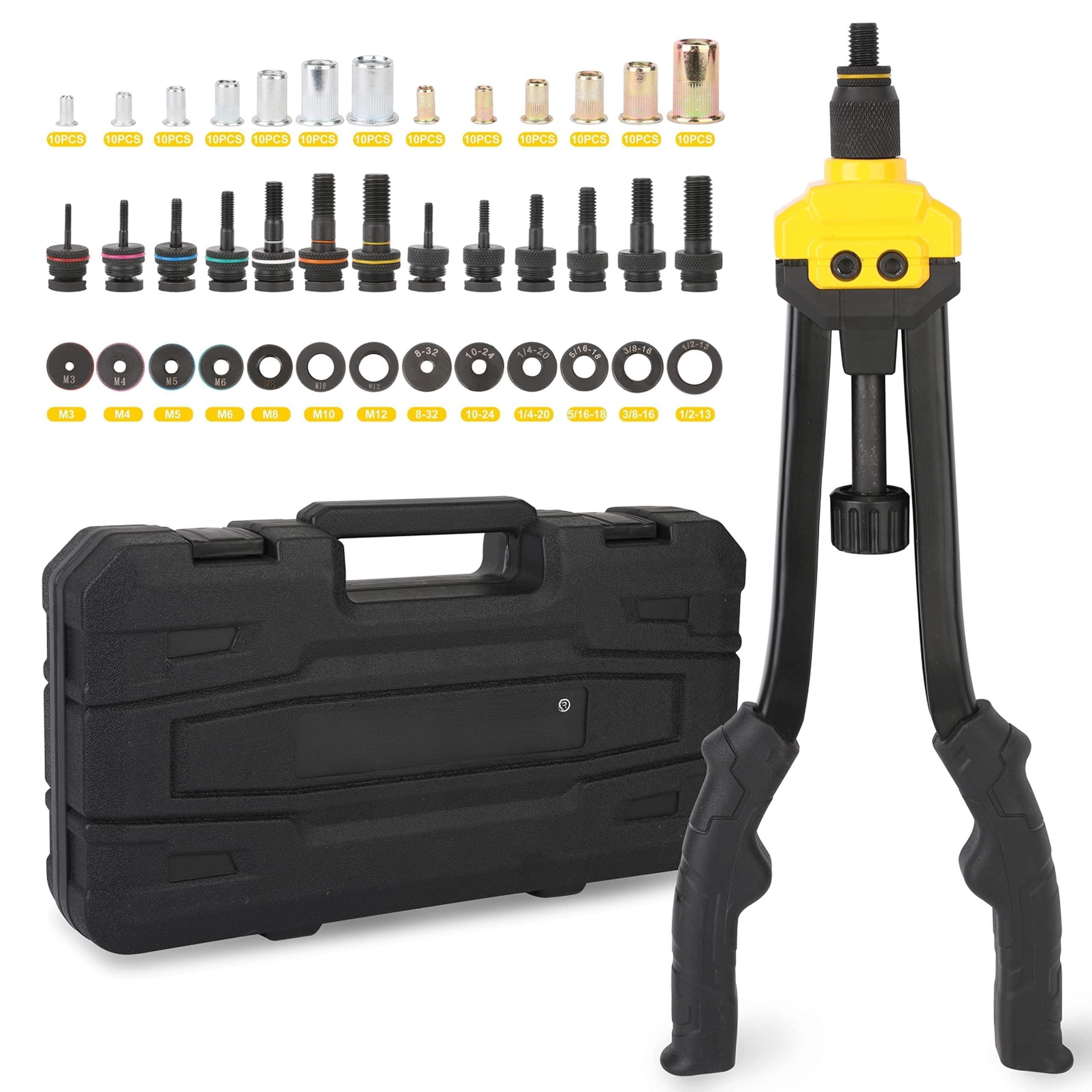 16" Rivet Nut Tool Kit With Auto Release  Heavy Duty Hand Riveter-13 Metric&sae Mandrels 130pcs Nutserts Long Arm Labor-saving Design For Automotive Metal & Marine - Includes Plastic Case