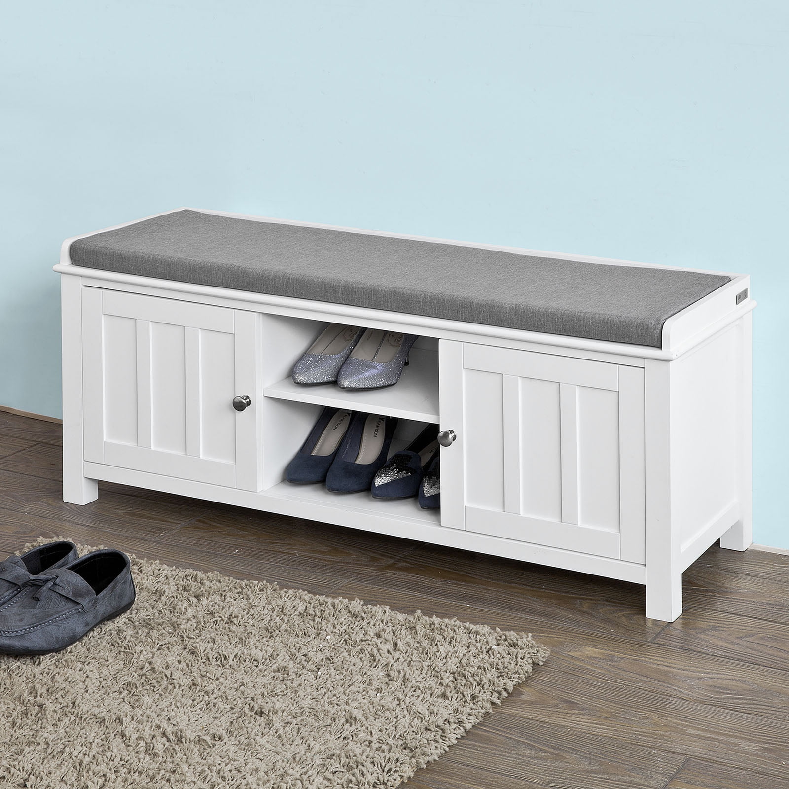 Haotian White Storage Bench with 2 Doors & Removable Seat