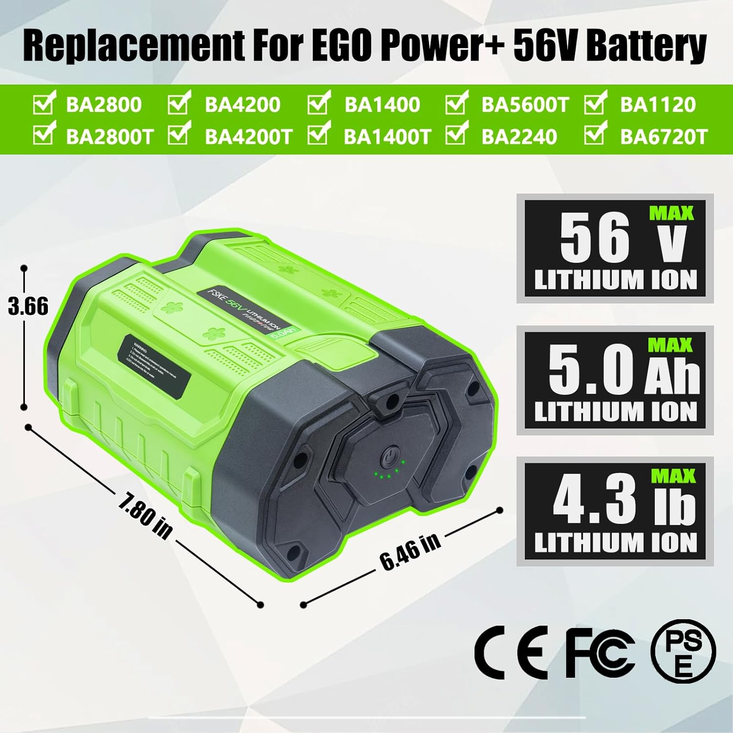 56V Replacement for BA2800 5Ah Lithium Battery Pack for All EGO Power Tools BA2800T BA4200T BA1400 BA5600T ST1511T LB7654 ST1623T - Compatible with EGO Cordless Tool Lawnmower Chainsaw