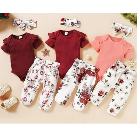 

3PCS Summer Infant Baby Girl Clothes Set Romper Tops Flower Pants Headband Outfit 0-18M