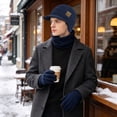 thumbnail image 4 of KOITHOT 3 Pcs Winter Beanie Hat with Brim and Ear Flaps Knitted Line Neck Warmer Touchscreen Gloves Set for Men Navy Blue, 4 of 7