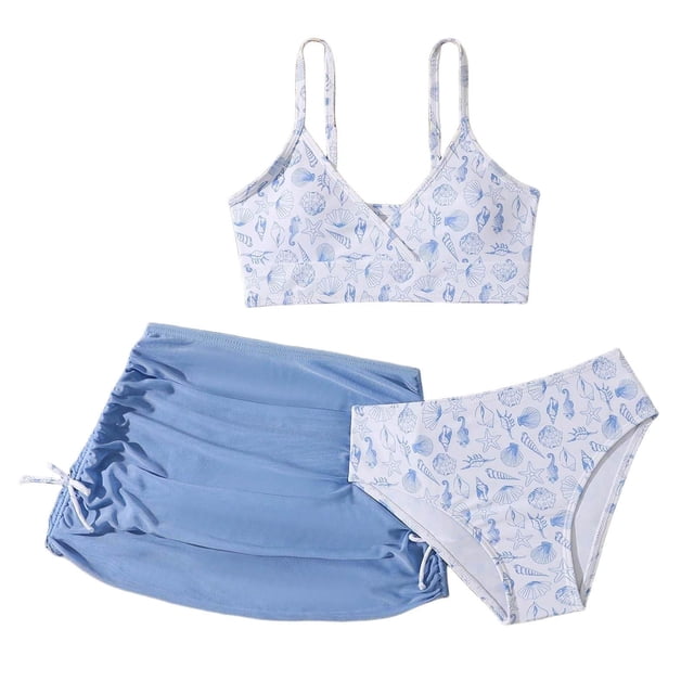 Traje de Baño de Niñas con Pantalones Cortos Traje de Baño de Bikini Dividido con Estampado Floral Pequeño Conjunto de Tres Piezas con Camisola Superior Y Falda para Niñas de Tamaño Medio a Grande