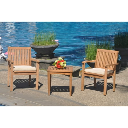 Grade-A Teak Dining Set: 2 Seater 3 Pc: Sack Side Table And 2 Leveb Stacking Arm Chairs Outdoor Patio WholesaleTeak