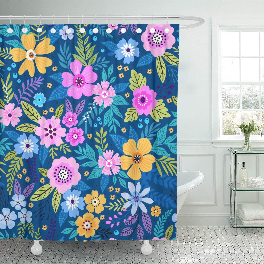 KSADK Amazing Floral with Bright Colorful Flowers and Leaves on Blue