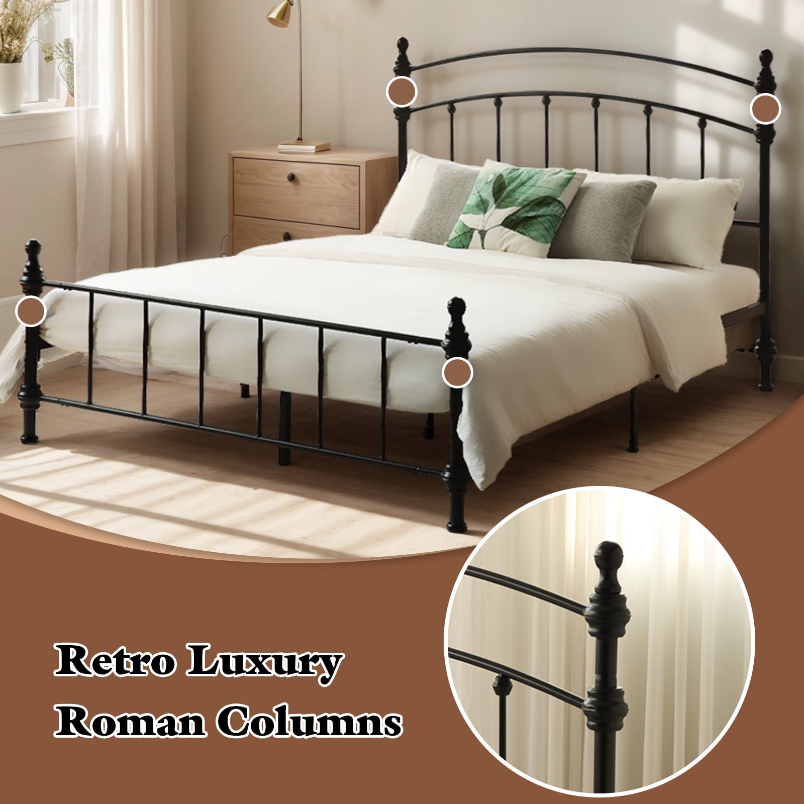 KATHY&BOB Queen Size Metal Bed Frame with Arched Headboard, Retro Luxury Roman Column, Sturdy Heavy Duty Bed Frame with Storage Space Under-bed, Easy Assembly, No Box Spring Needed (Arched, Queen)