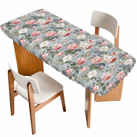 Vintage Spring Floral Table Cloths for 8 Foot Rectangle Tables Summer Botanical Watercolor Patio Waterproof Elastic Fitted Tablecloths Washable Rectangular Table Cover for Camping