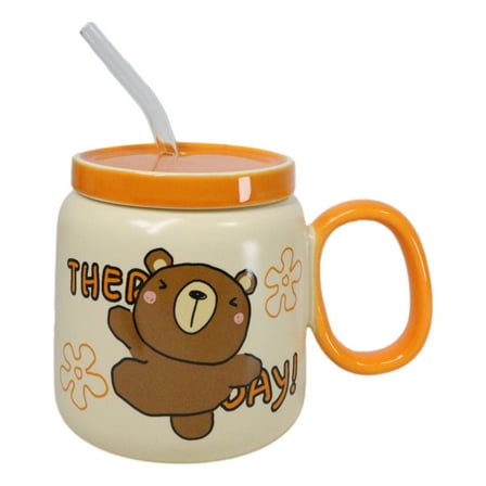 Whimsical Brown Bear Anime 16oz Orange Ceramic Mug Cup With Lid And Glass Straw