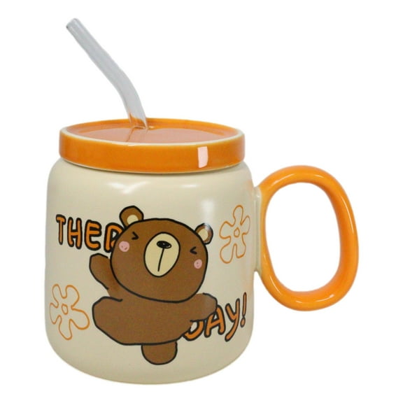 Whimsical Brown Bear Anime 16oz Orange Ceramic Mug Cup With Lid And Glass Straw