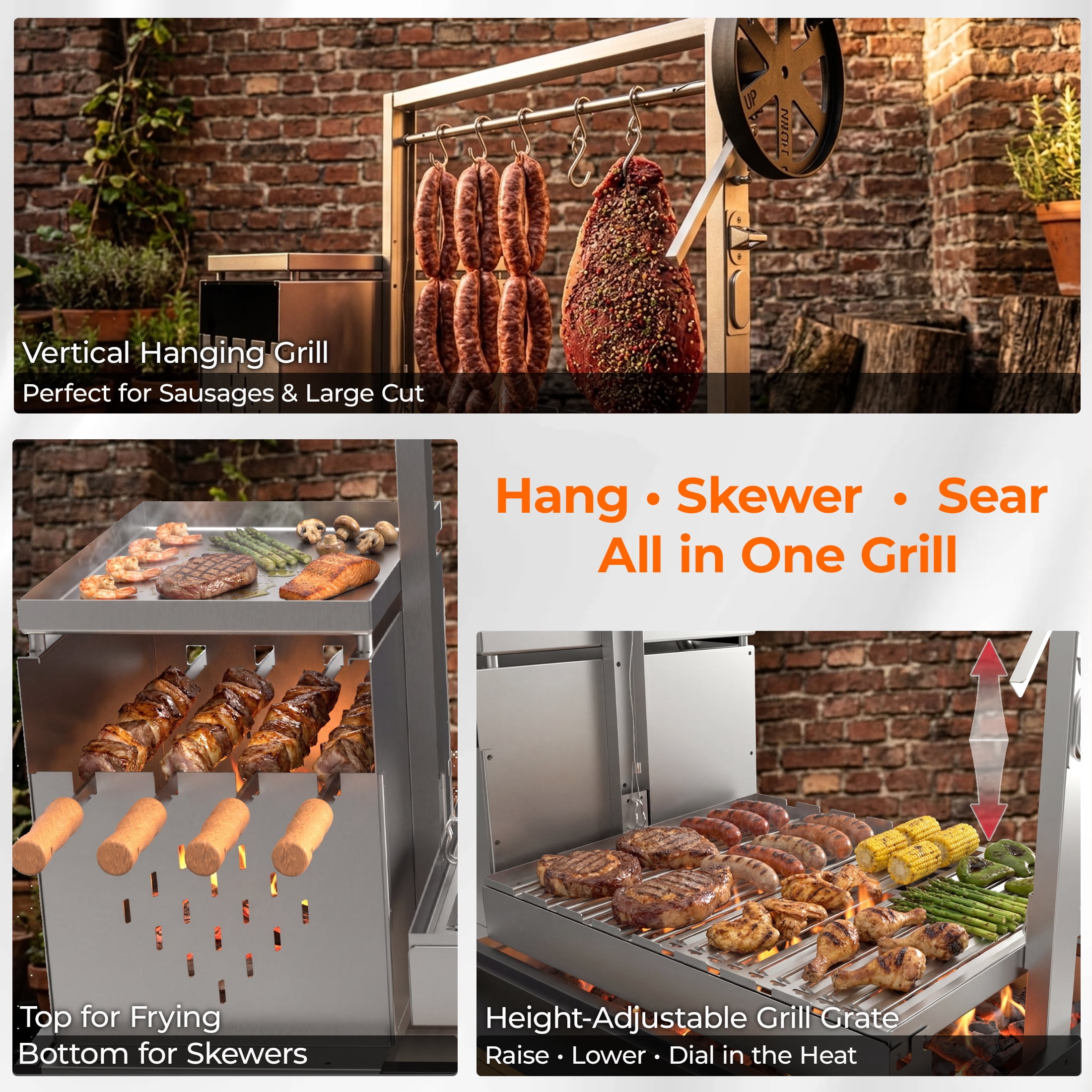 Flintex Professional Argentine Santa Maria Grill, Wood & Charcoal BBQ with Adjustable Height Grate, Asado Skewers & Tools, Ideal for Backyard & Patio Cooking